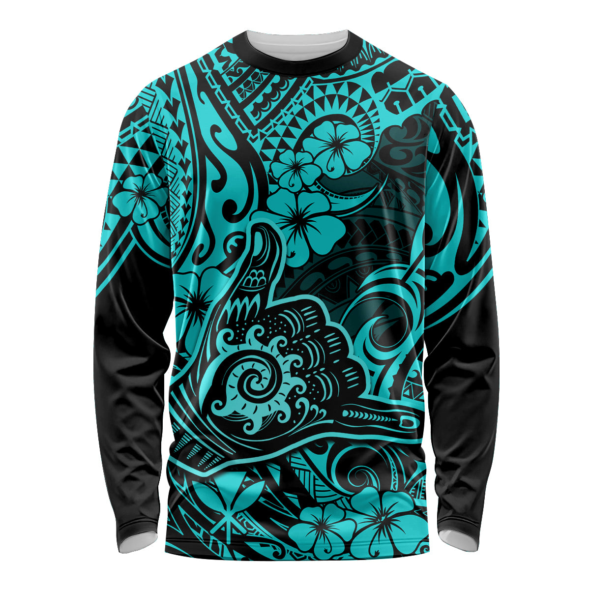Hawaii Shaka Sign Long Sleeve Shirt Polynesian Pattern Turquoise Version - Wonder Print Shop