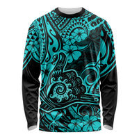 Hawaii Shaka Sign Long Sleeve Shirt Polynesian Pattern Turquoise Version - Wonder Print Shop