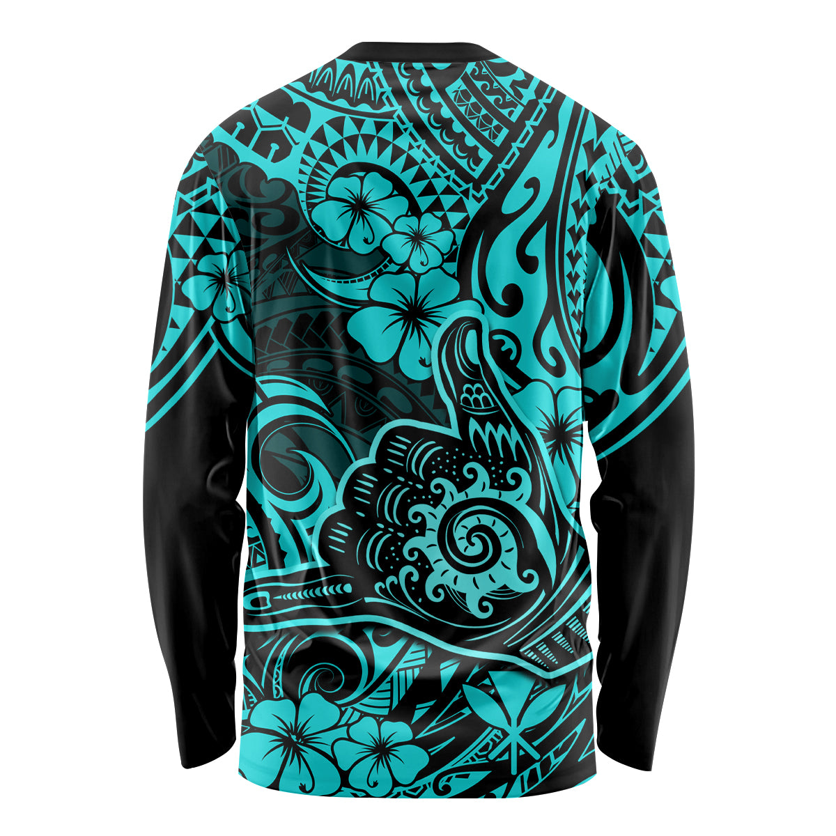 Hawaii Shaka Sign Long Sleeve Shirt Polynesian Pattern Turquoise Version - Wonder Print Shop