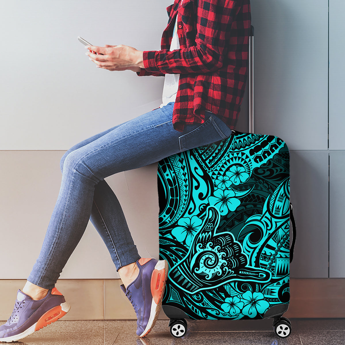 Hawaii Shaka Sign Luggage Cover Polynesian Pattern Turquoise Version - Wonder Print Shop