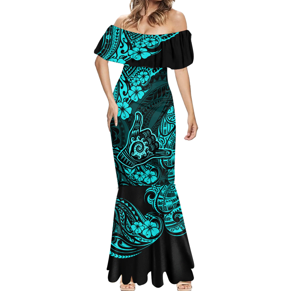Hawaii Shaka Sign Mermaid Dress Polynesian Pattern Turquoise Version - Wonder Print Shop