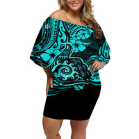 Hawaii Shaka Sign Off Shoulder Short Dress Polynesian Pattern Turquoise Version - Wonder Print Shop