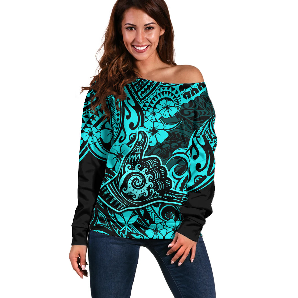 Hawaii Shaka Sign Off Shoulder Sweater Polynesian Pattern Turquoise Version - Wonder Print Shop