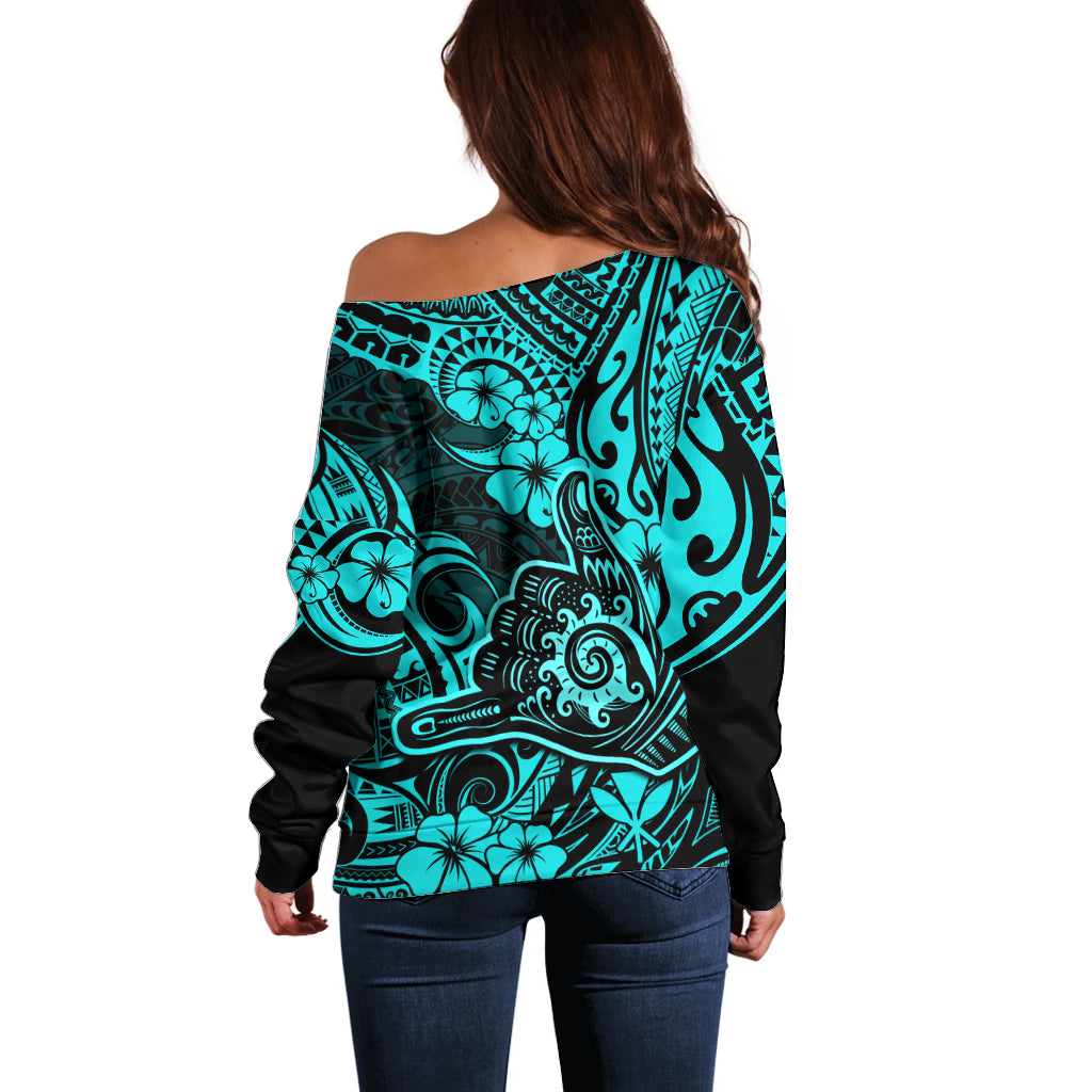 Hawaii Shaka Sign Off Shoulder Sweater Polynesian Pattern Turquoise Version - Wonder Print Shop