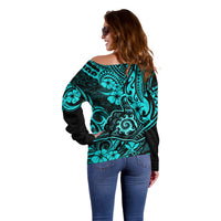 Hawaii Shaka Sign Off Shoulder Sweater Polynesian Pattern Turquoise Version - Wonder Print Shop