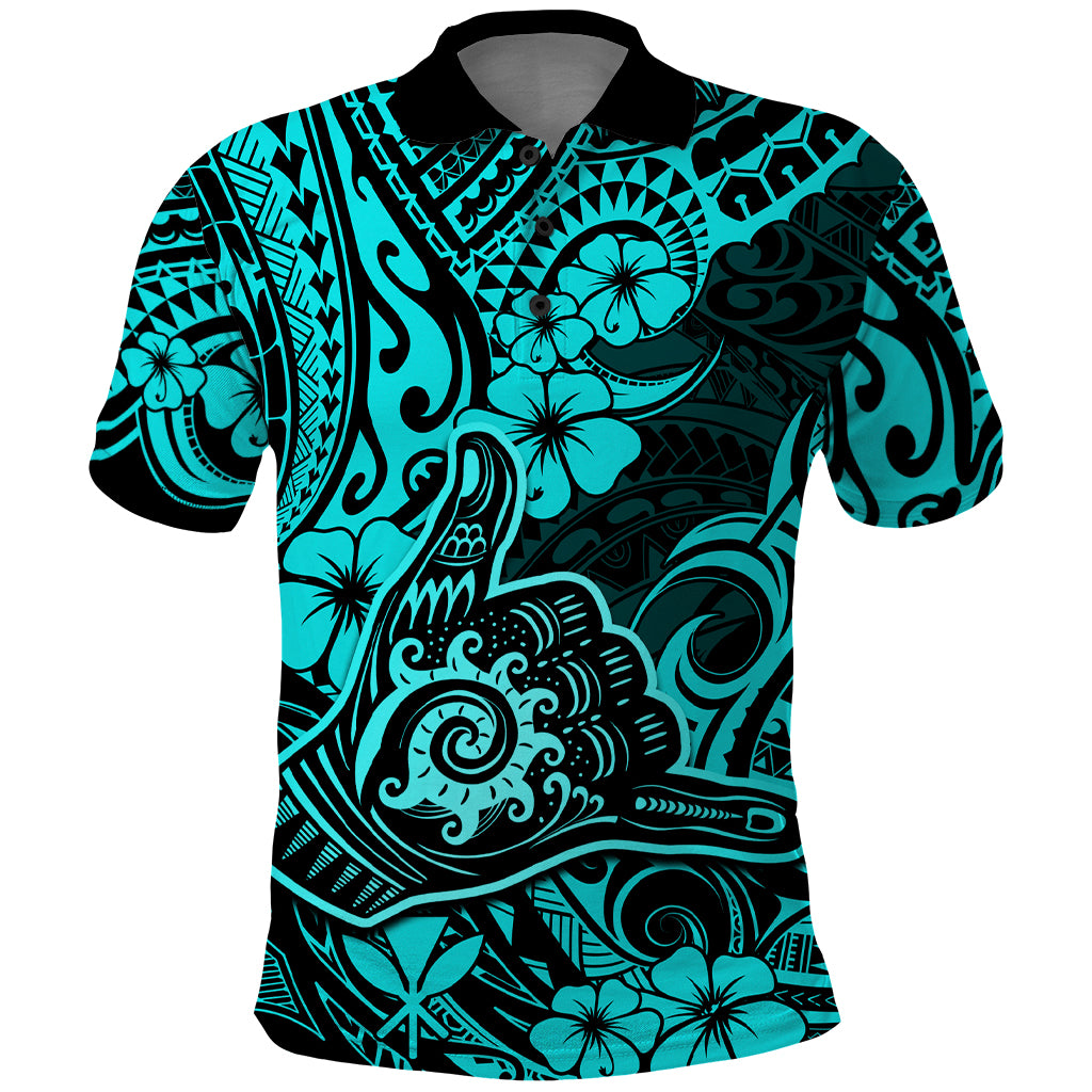 Hawaii Shaka Sign Polo Shirt Polynesian Pattern Turquoise Version - Wonder Print Shop