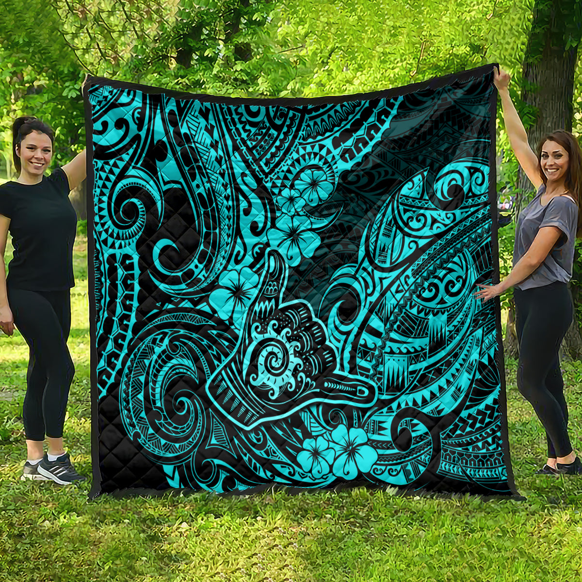 Hawaii Shaka Sign Quilt Polynesian Pattern Turquoise Version - Wonder Print Shop