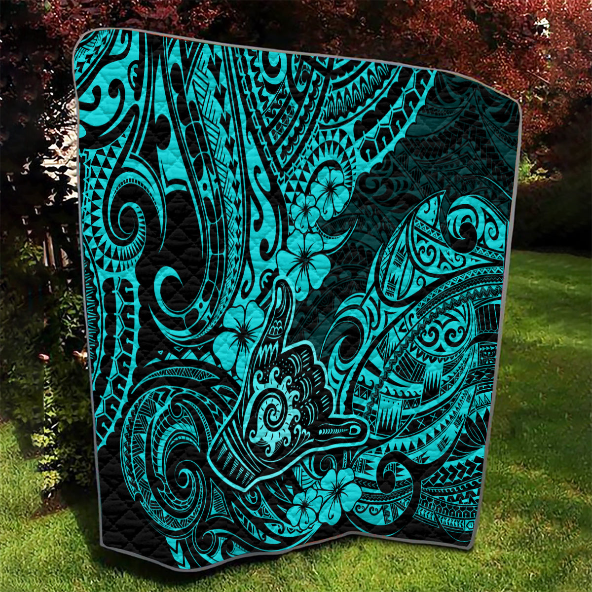 Hawaii Shaka Sign Quilt Polynesian Pattern Turquoise Version - Wonder Print Shop