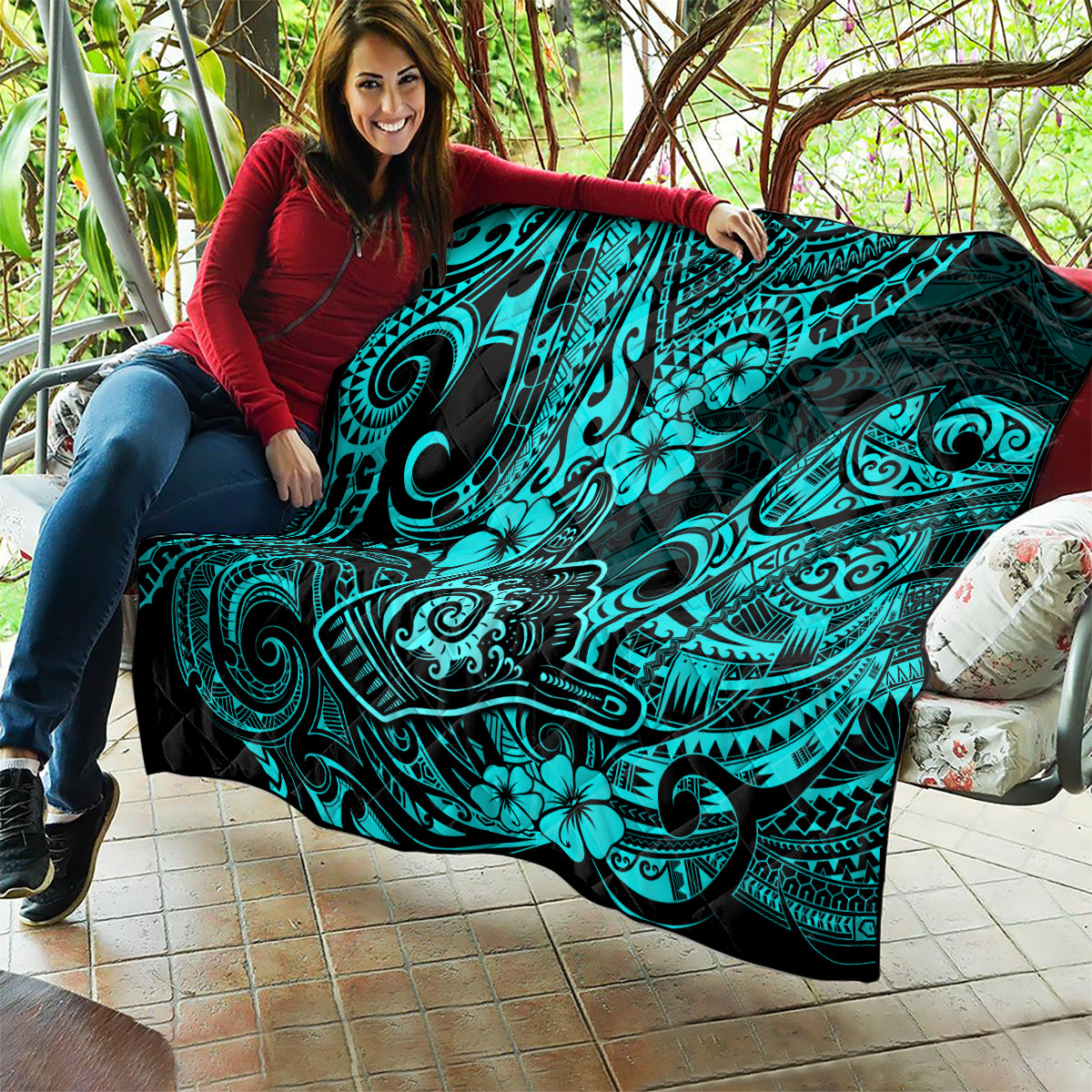 Hawaii Shaka Sign Quilt Polynesian Pattern Turquoise Version - Wonder Print Shop