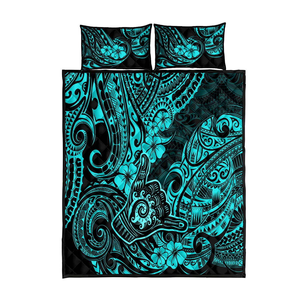 Hawaii Shaka Sign Quilt Bed Set Polynesian Pattern Turquoise Version - Wonder Print Shop