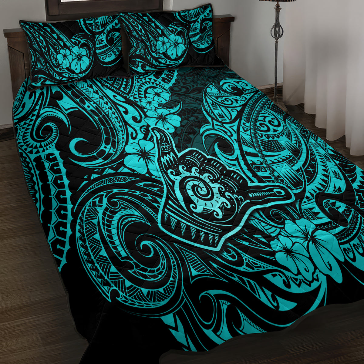 Hawaii Shaka Sign Quilt Bed Set Polynesian Pattern Turquoise Version - Wonder Print Shop