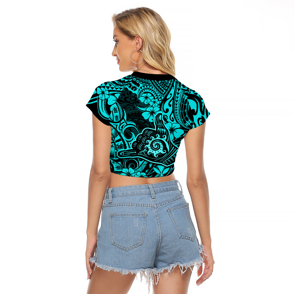 Hawaii Shaka Sign Raglan Cropped T Shirt Polynesian Pattern Turquoise Version - Wonder Print Shop