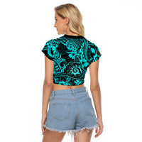 Hawaii Shaka Sign Raglan Cropped T Shirt Polynesian Pattern Turquoise Version - Wonder Print Shop