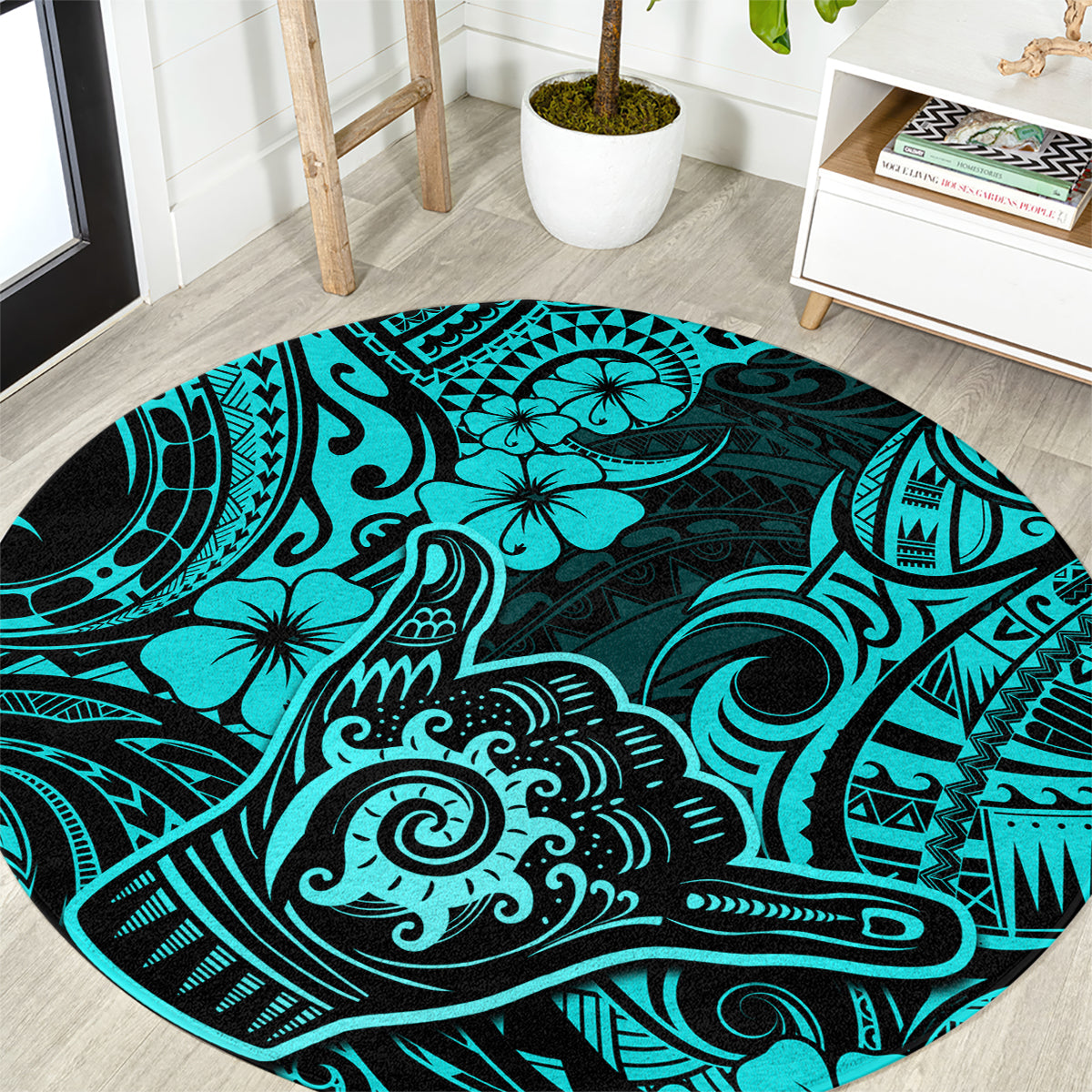 hawaii-shaka-sign-round-carpet-polynesian-pattern-turquoise-version