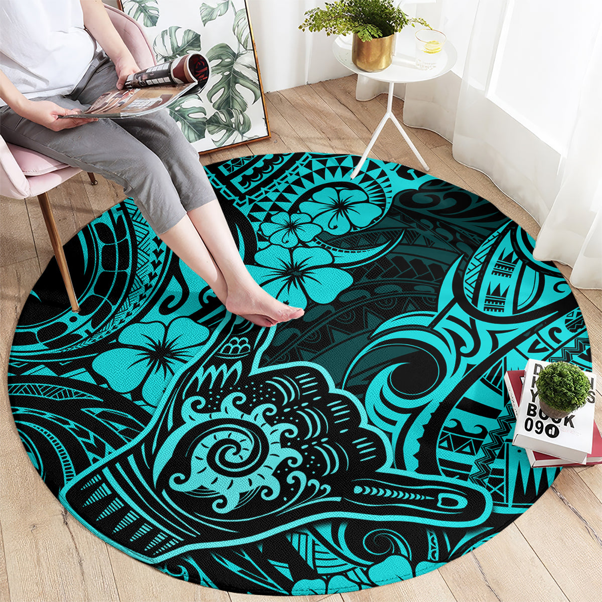 hawaii-shaka-sign-round-carpet-polynesian-pattern-turquoise-version