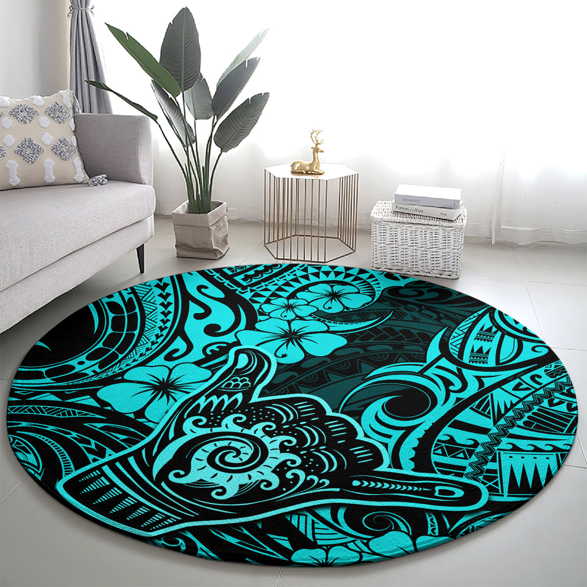 hawaii-shaka-sign-round-carpet-polynesian-pattern-turquoise-version