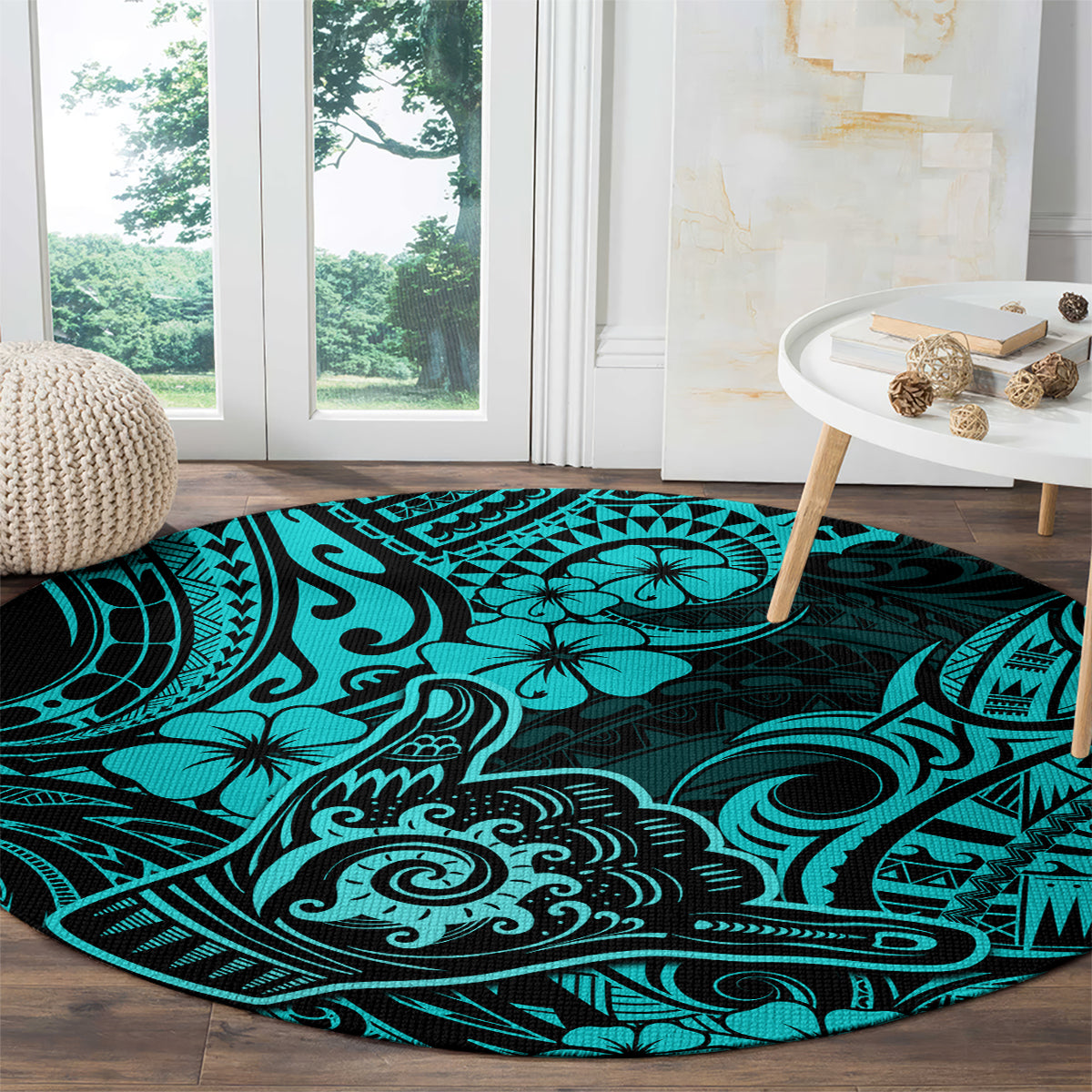 hawaii-shaka-sign-round-carpet-polynesian-pattern-turquoise-version