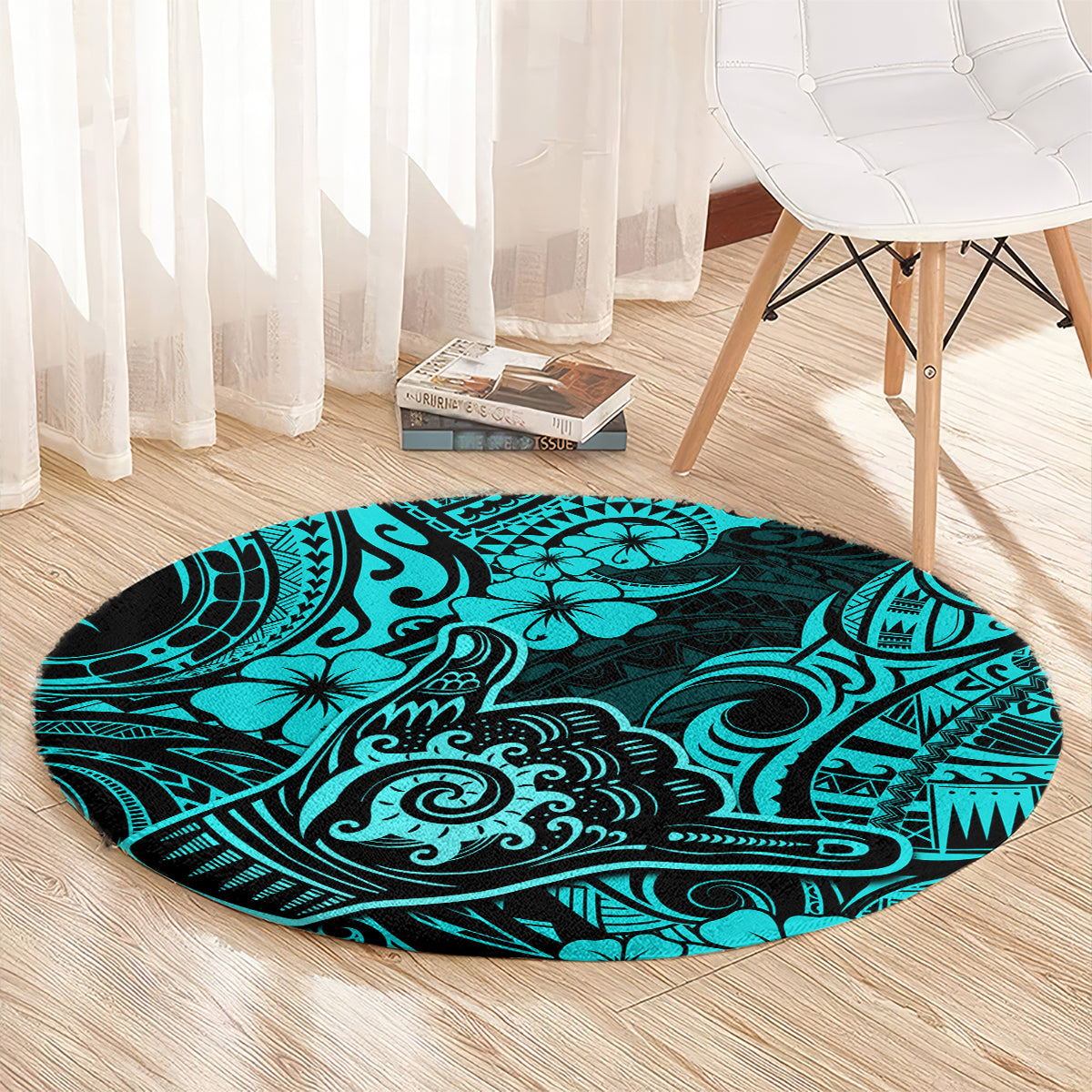 hawaii-shaka-sign-round-carpet-polynesian-pattern-turquoise-version