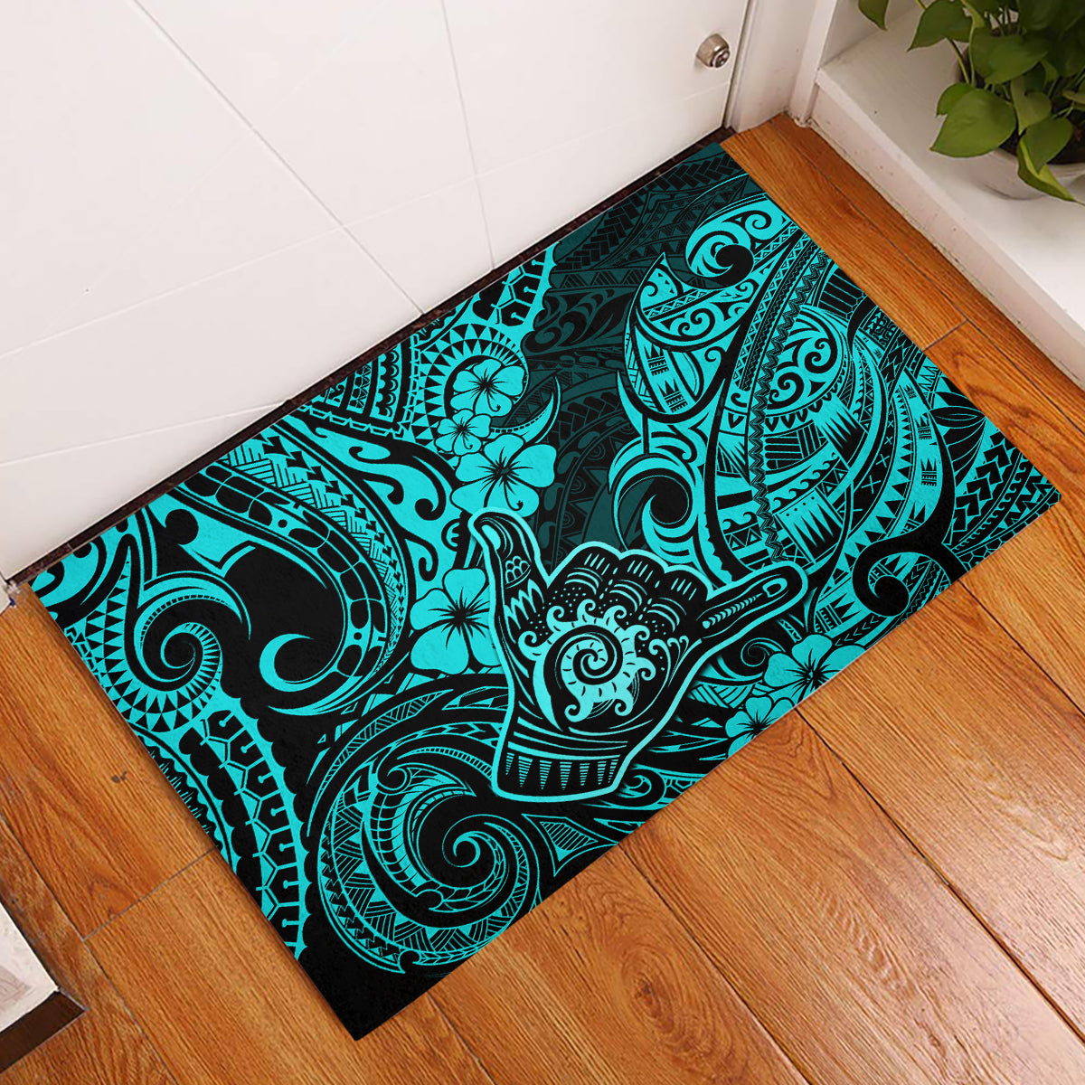 Hawaii Shaka Sign Rubber Doormat Polynesian Pattern Turquoise Version - Wonder Print Shop