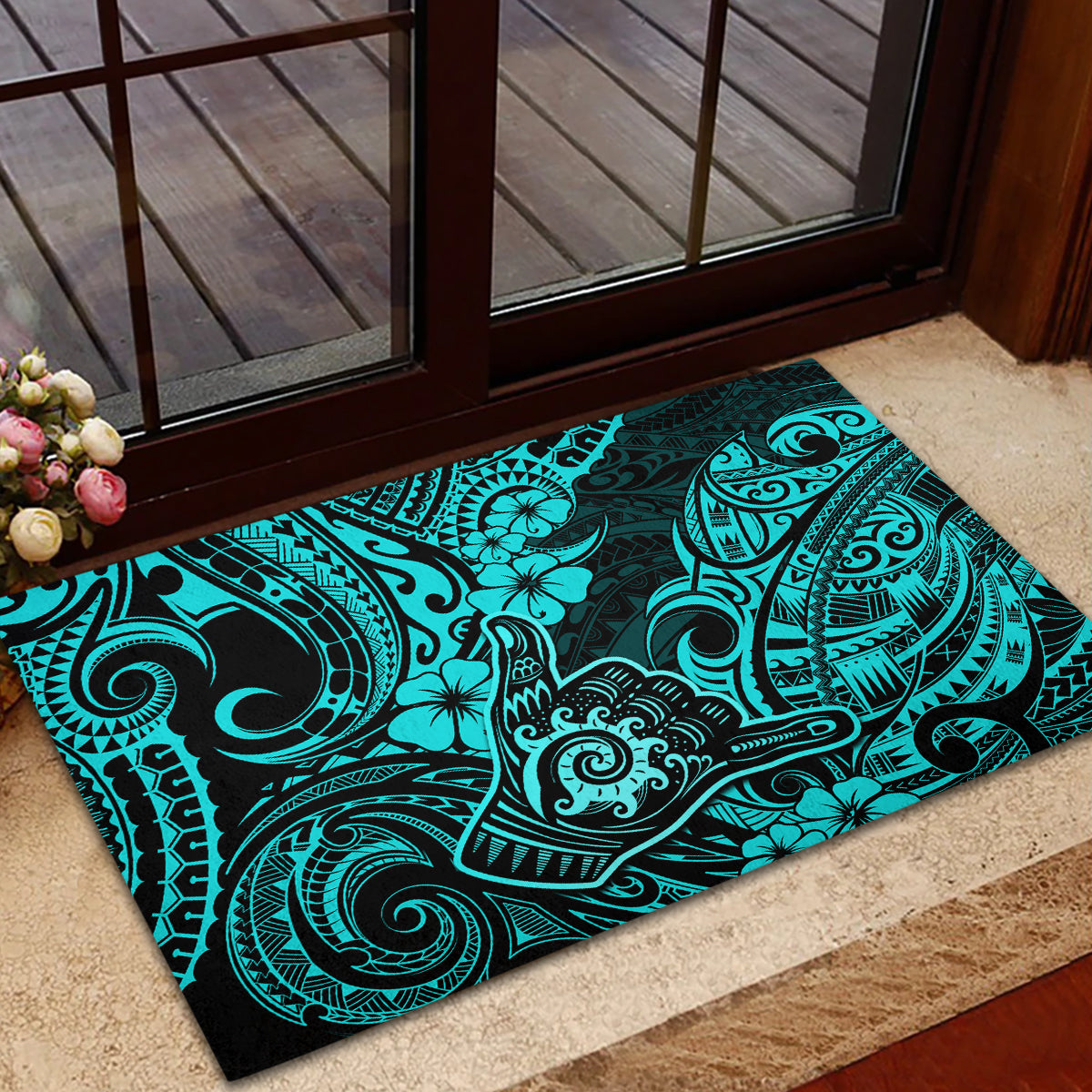 Hawaii Shaka Sign Rubber Doormat Polynesian Pattern Turquoise Version - Wonder Print Shop