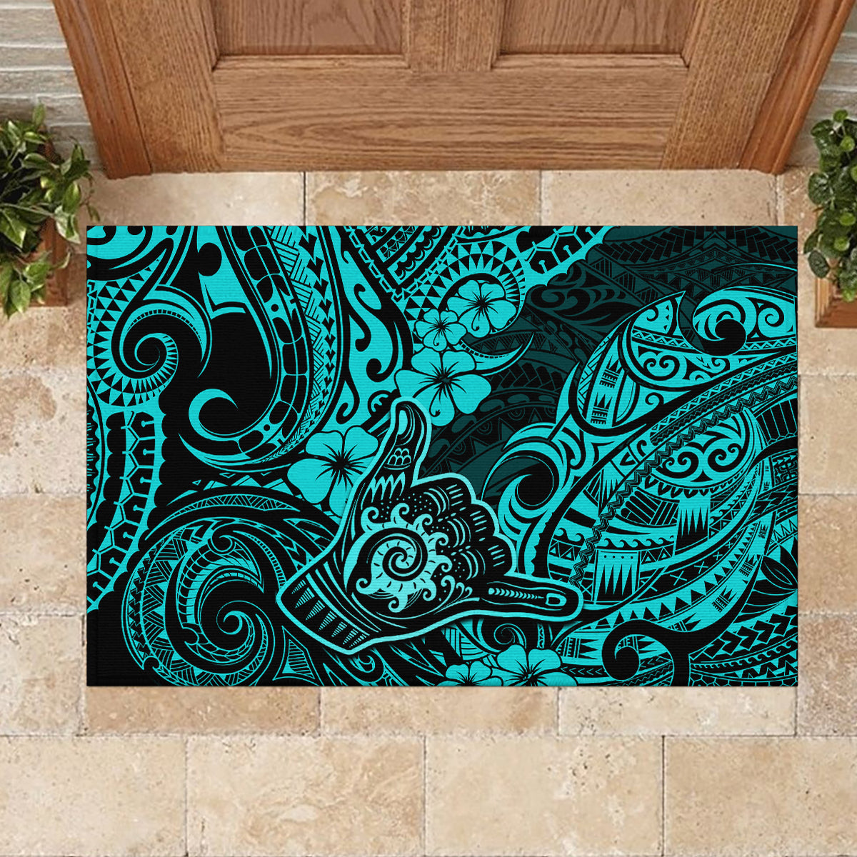 Hawaii Shaka Sign Rubber Doormat Polynesian Pattern Turquoise Version - Wonder Print Shop