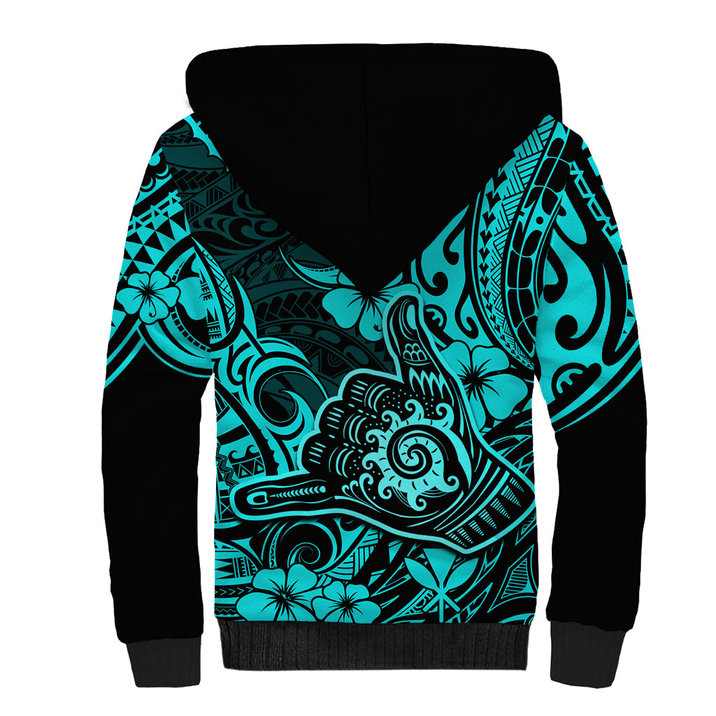 Hawaii Shaka Sign Sherpa Hoodie Polynesian Pattern Turquoise Version - Wonder Print Shop