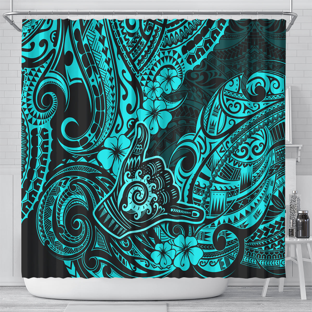 hawaii-shaka-sign-shower-curtain-polynesian-pattern-turquoise-version