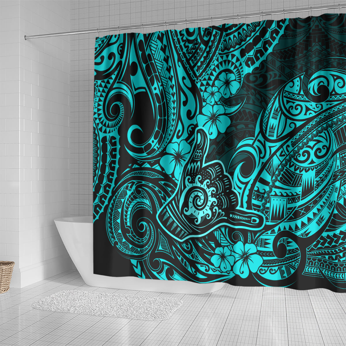 hawaii-shaka-sign-shower-curtain-polynesian-pattern-turquoise-version