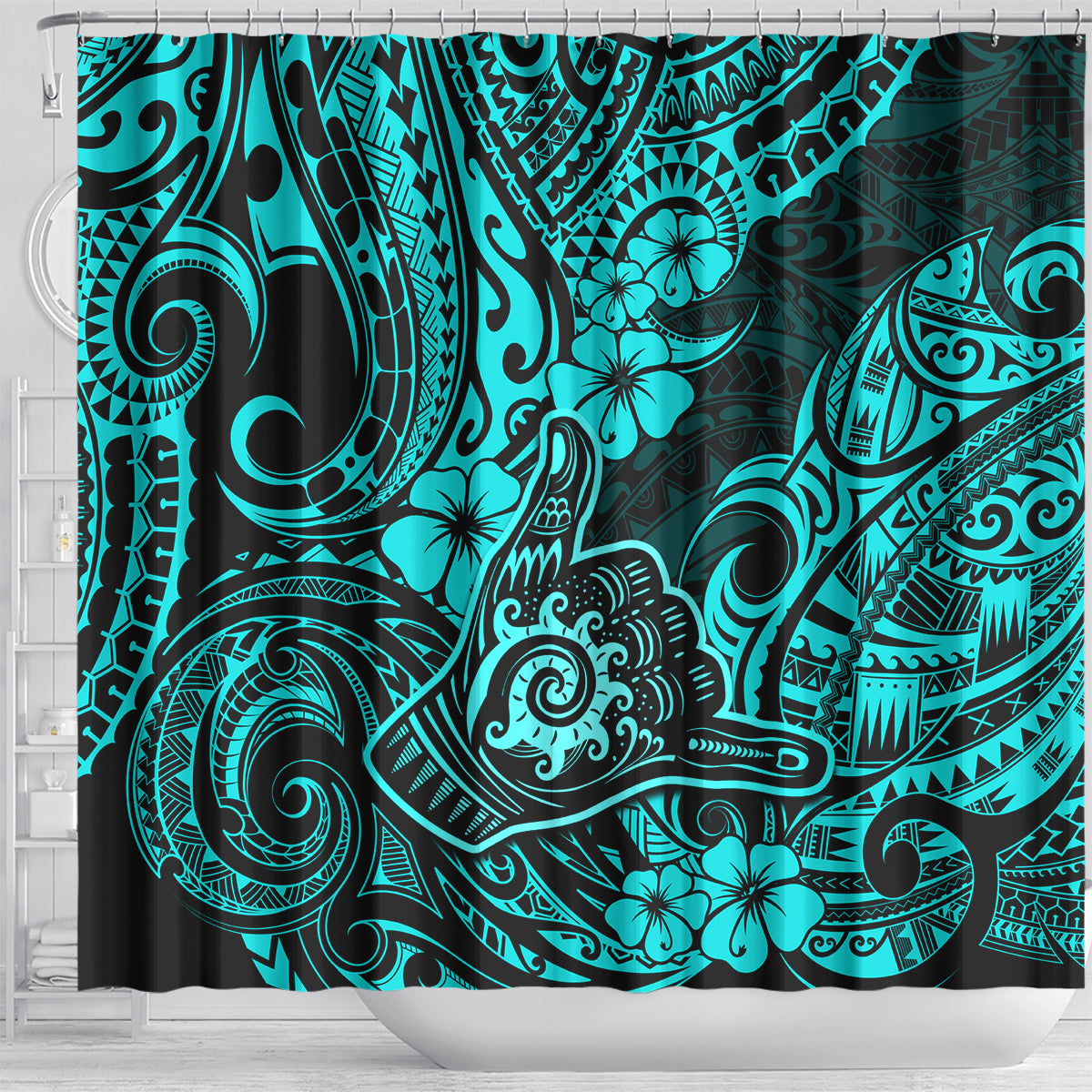 hawaii-shaka-sign-shower-curtain-polynesian-pattern-turquoise-version