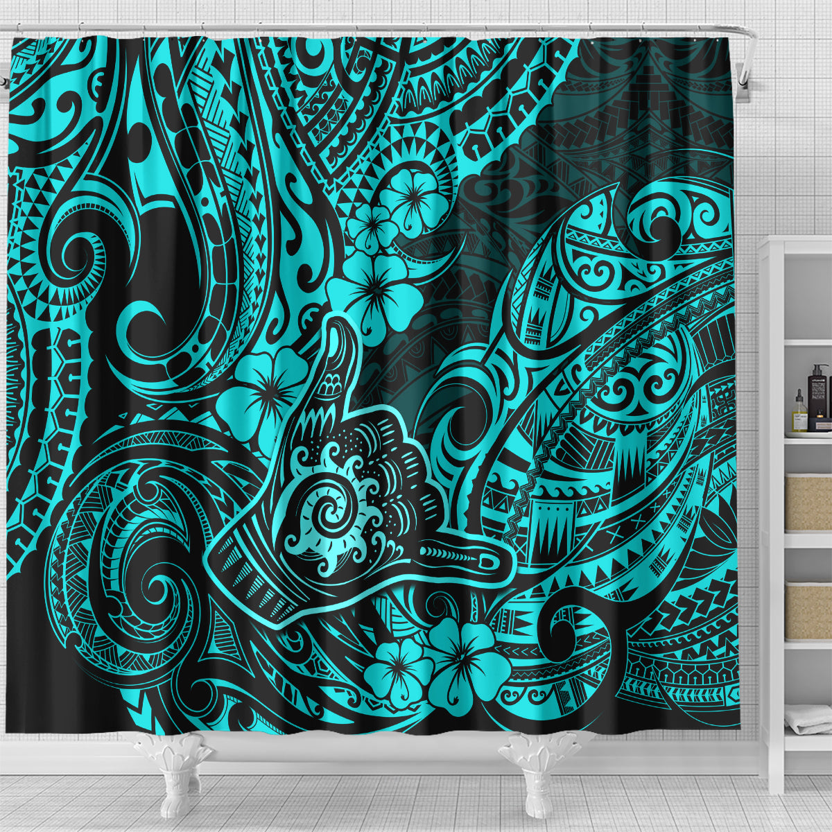 hawaii-shaka-sign-shower-curtain-polynesian-pattern-turquoise-version