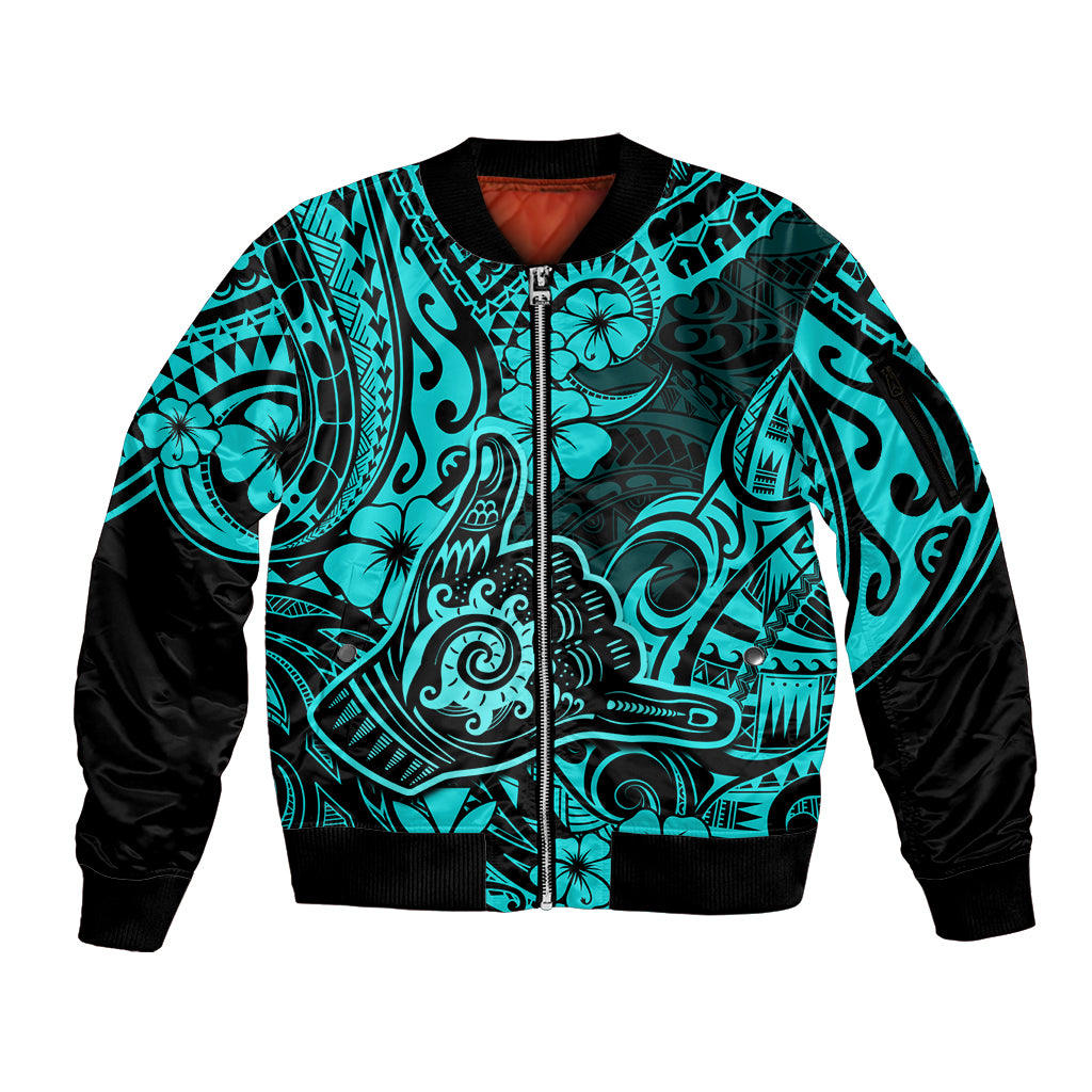 Hawaii Shaka Sign Sleeve Zip Bomber Jacket Polynesian Pattern Turquoise Version - Wonder Print Shop