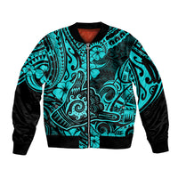 Hawaii Shaka Sign Sleeve Zip Bomber Jacket Polynesian Pattern Turquoise Version - Wonder Print Shop