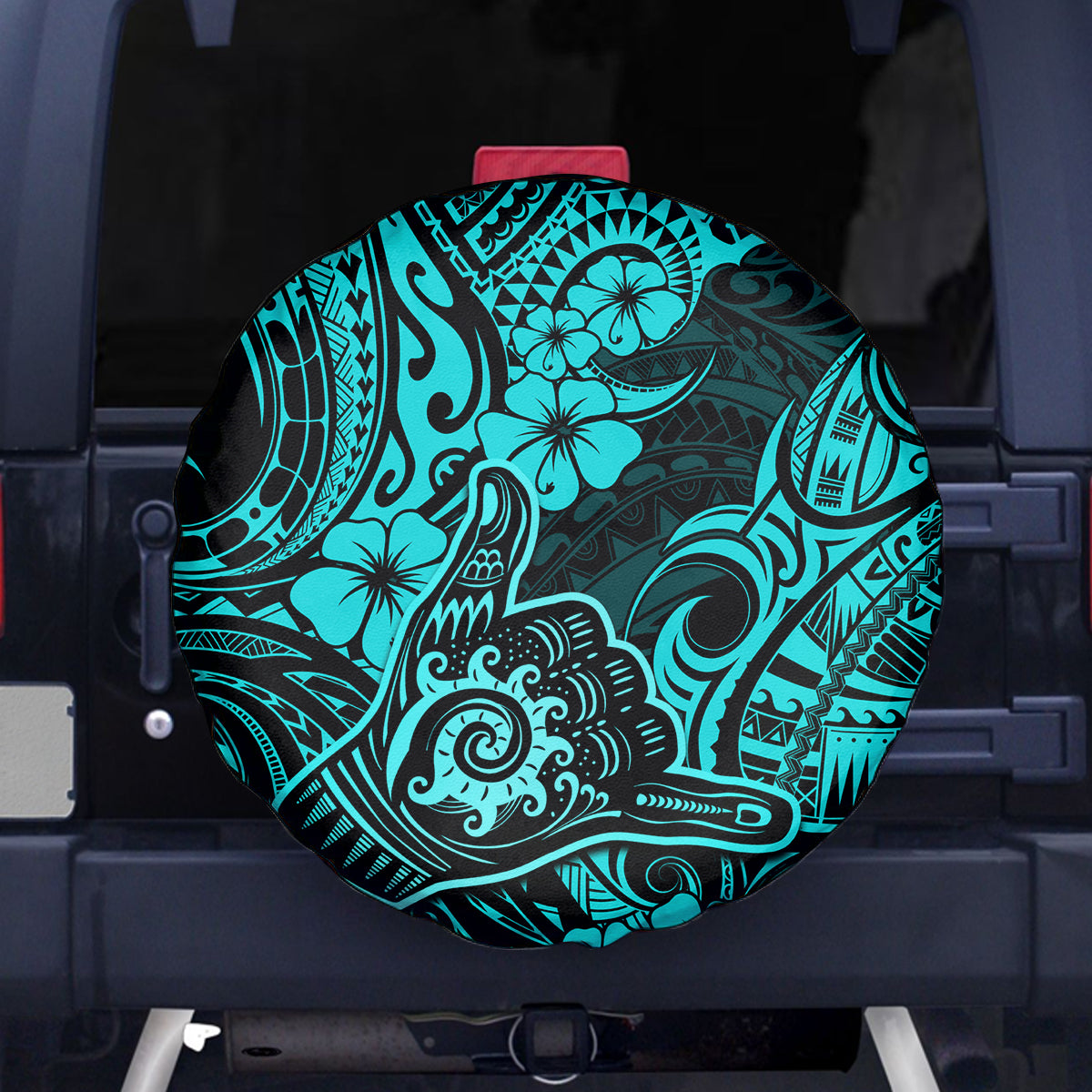 Hawaii Shaka Sign Spare Tire Cover Polynesian Pattern Turquoise Version - Wonder Print Shop
