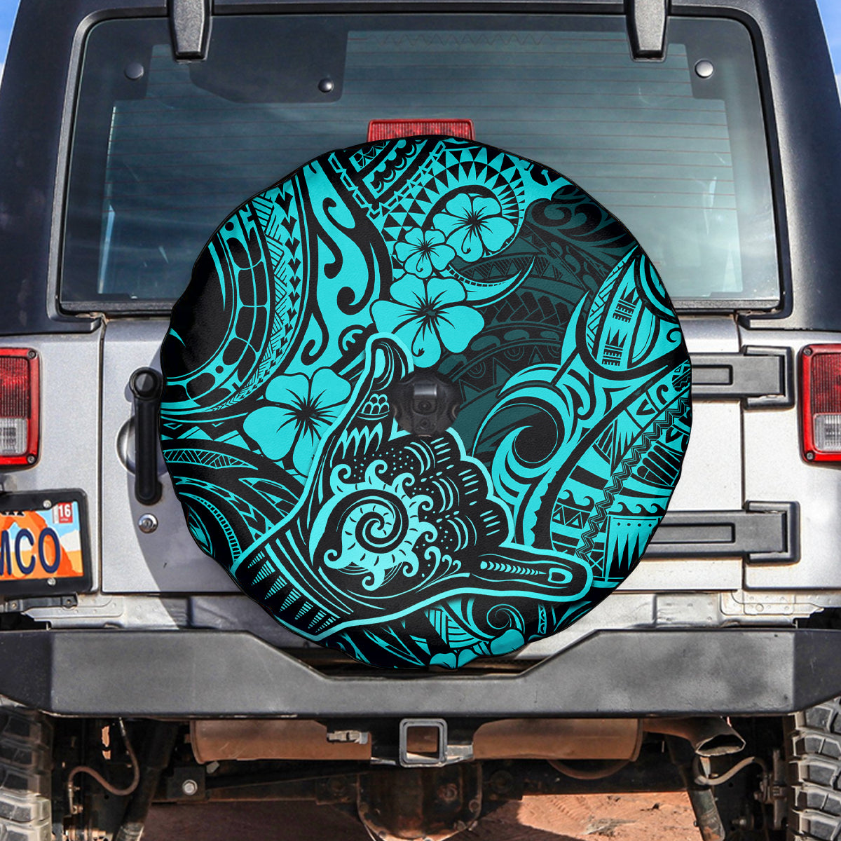 Hawaii Shaka Sign Spare Tire Cover Polynesian Pattern Turquoise Version - Wonder Print Shop