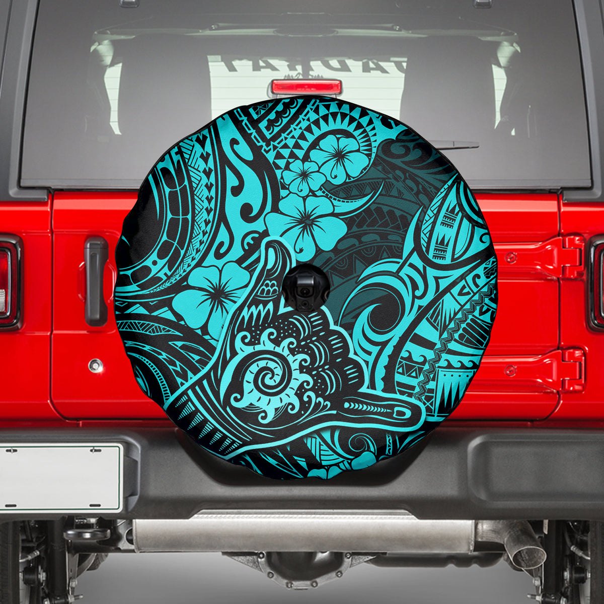 Hawaii Shaka Sign Spare Tire Cover Polynesian Pattern Turquoise Version - Wonder Print Shop
