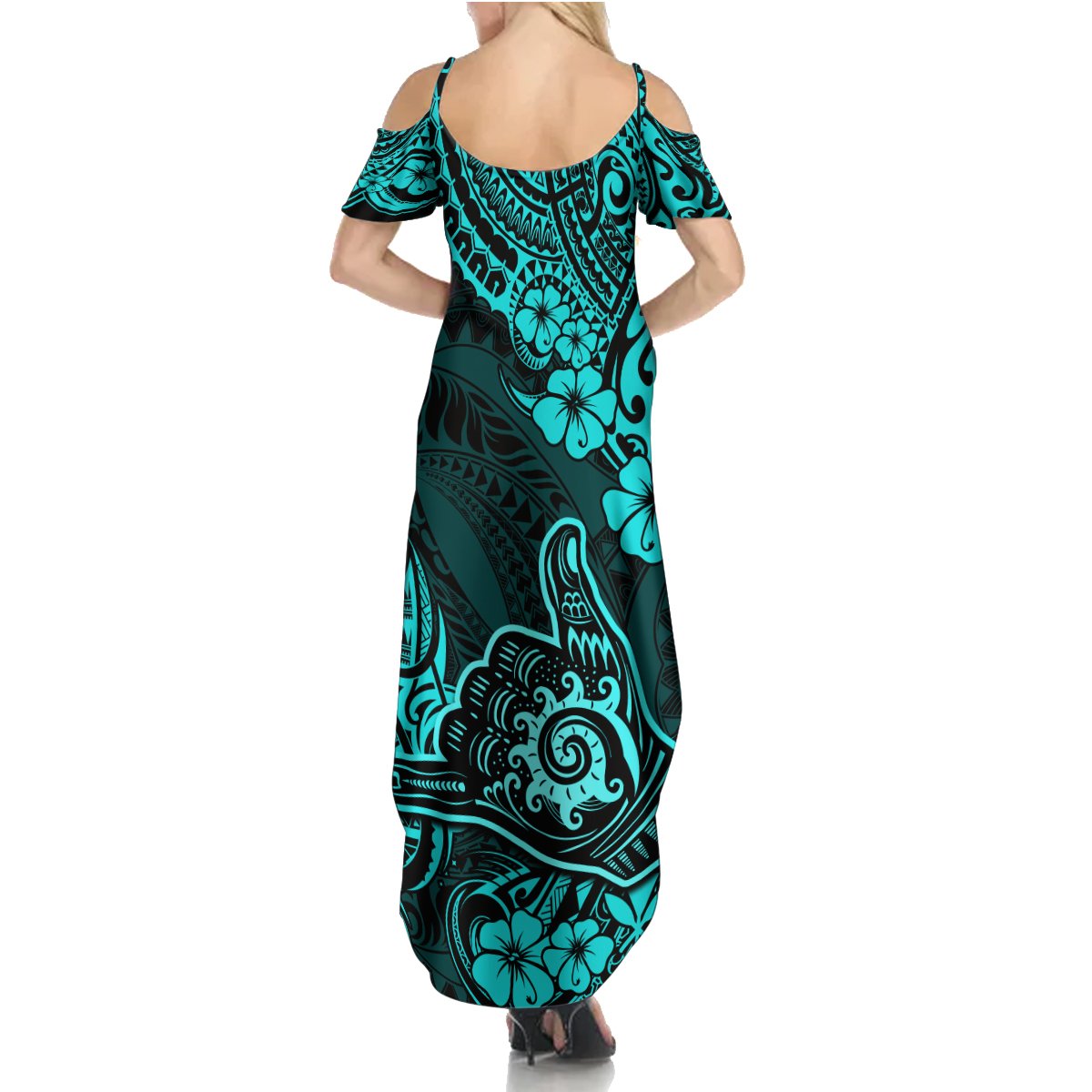 Hawaii Shaka Sign Summer Maxi Dress Polynesian Pattern Turquoise Version - Wonder Print Shop