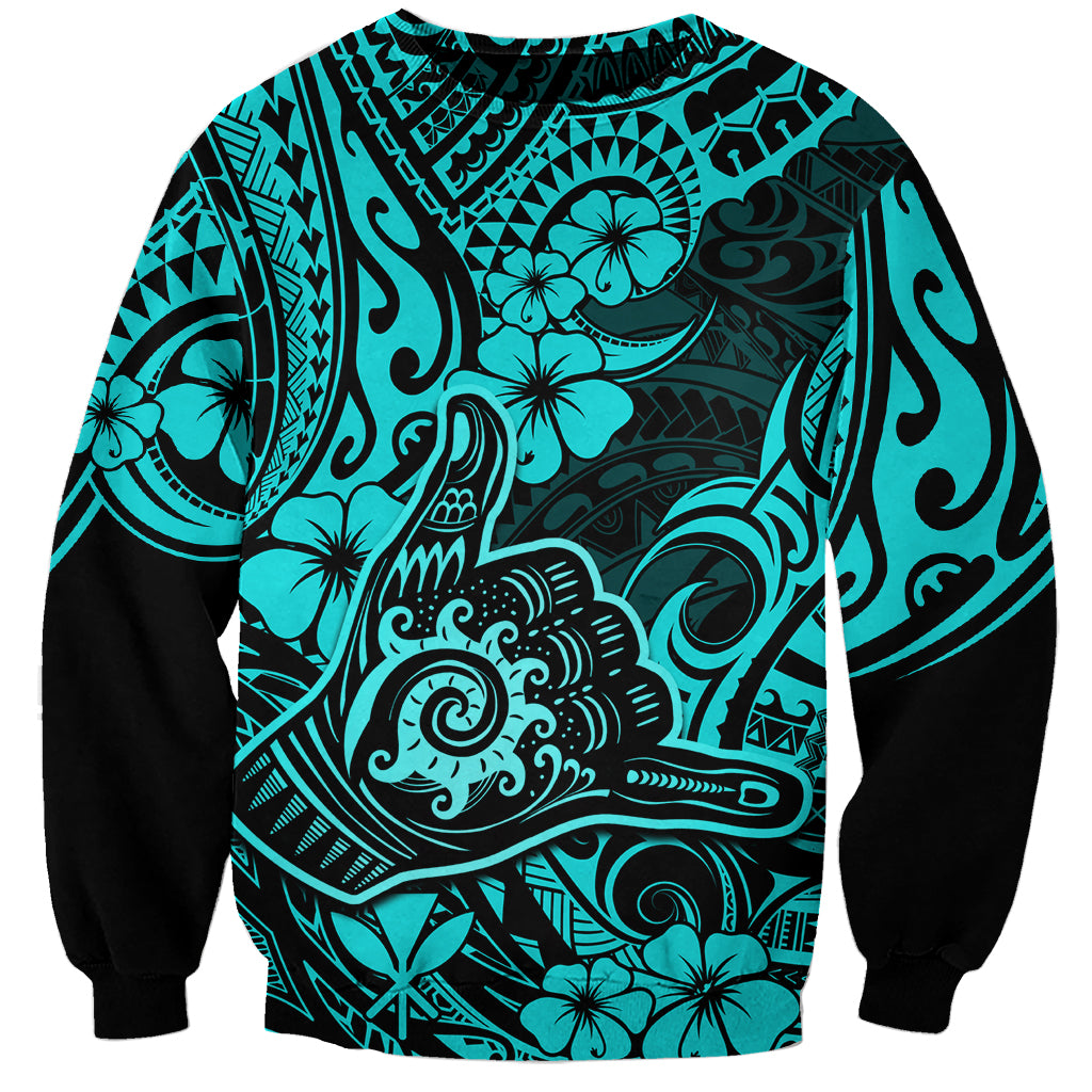 Hawaii Shaka Sign Sweatshirt Polynesian Pattern Turquoise Version - Wonder Print Shop