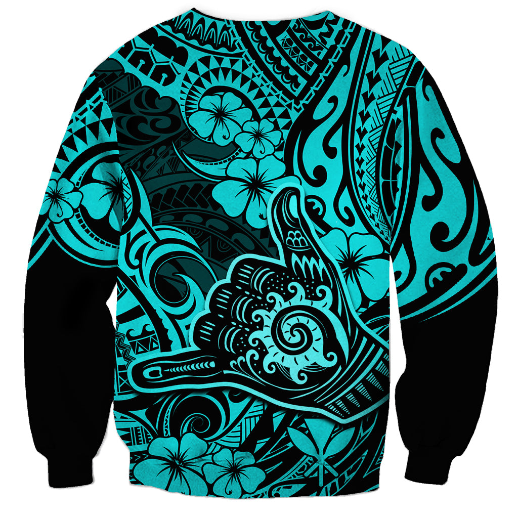 Hawaii Shaka Sign Sweatshirt Polynesian Pattern Turquoise Version - Wonder Print Shop