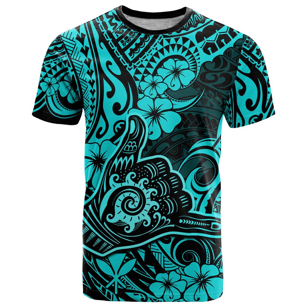 Hawaii Shaka Sign T Shirt Polynesian Pattern Turquoise Version - Wonder Print Shop