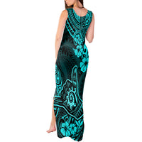 Hawaii Shaka Sign Tank Maxi Dress Polynesian Pattern Turquoise Version - Wonder Print Shop