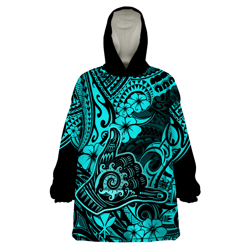 Hawaii Shaka Sign Wearable Blanket Hoodie Polynesian Pattern Turquoise Version - Wonder Print Shop