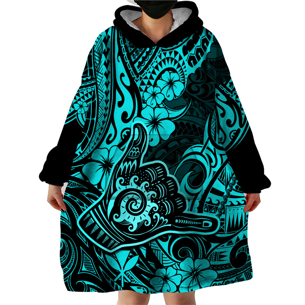 Hawaii Shaka Sign Wearable Blanket Hoodie Polynesian Pattern Turquoise Version - Wonder Print Shop