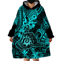 Hawaii Shaka Sign Wearable Blanket Hoodie Polynesian Pattern Turquoise Version - Wonder Print Shop