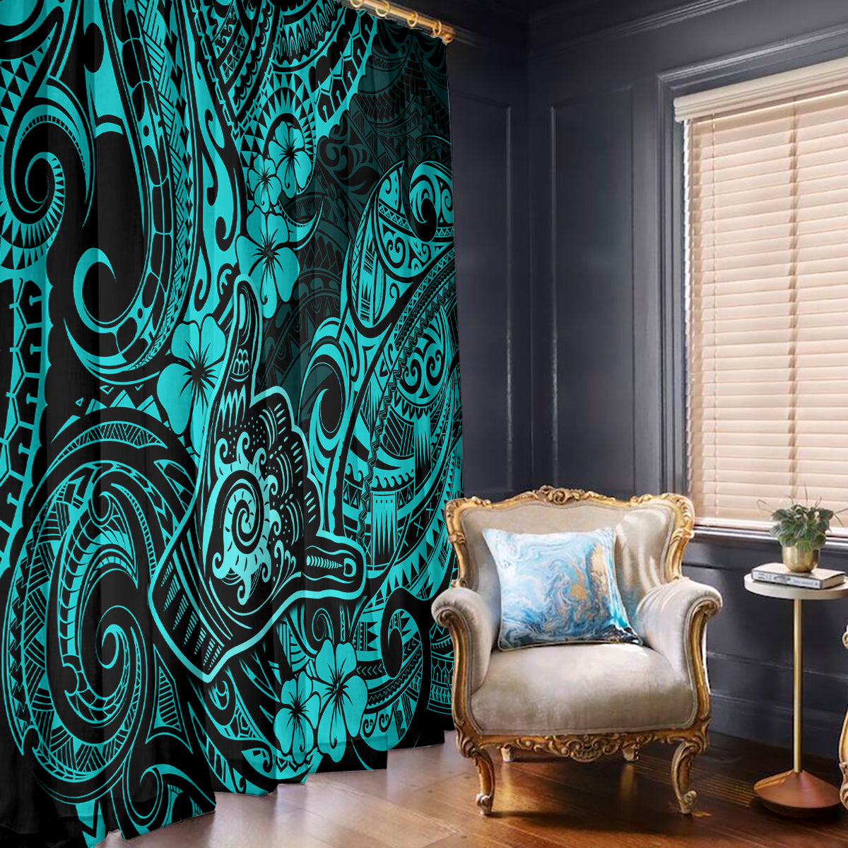 Hawaii Shaka Sign Window Curtain Polynesian Pattern Turquoise Version - Wonder Print Shop