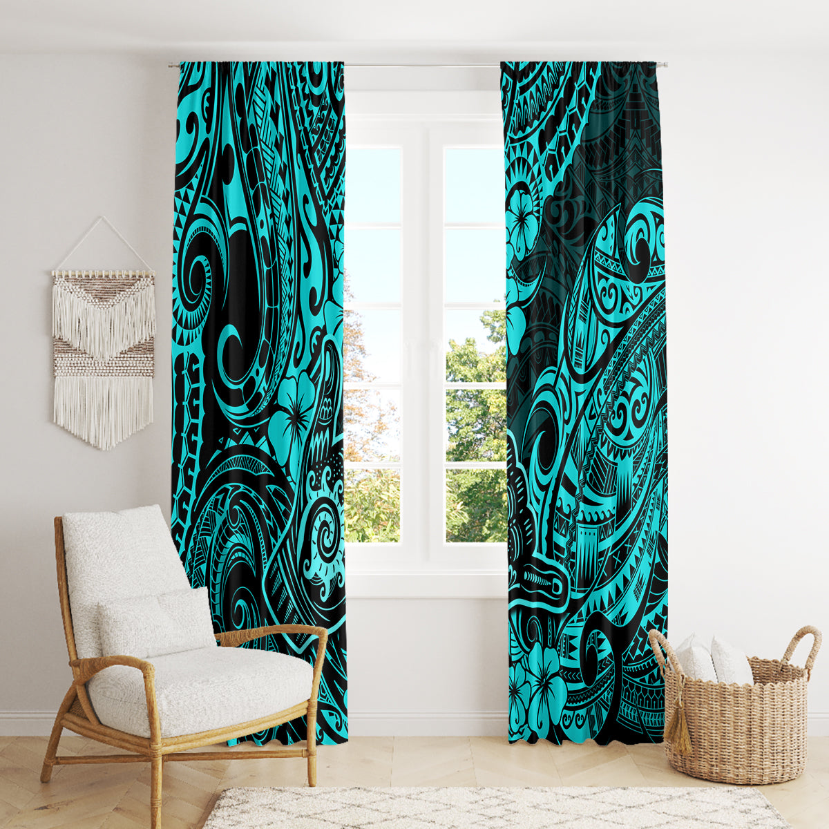 Hawaii Shaka Sign Window Curtain Polynesian Pattern Turquoise Version - Wonder Print Shop