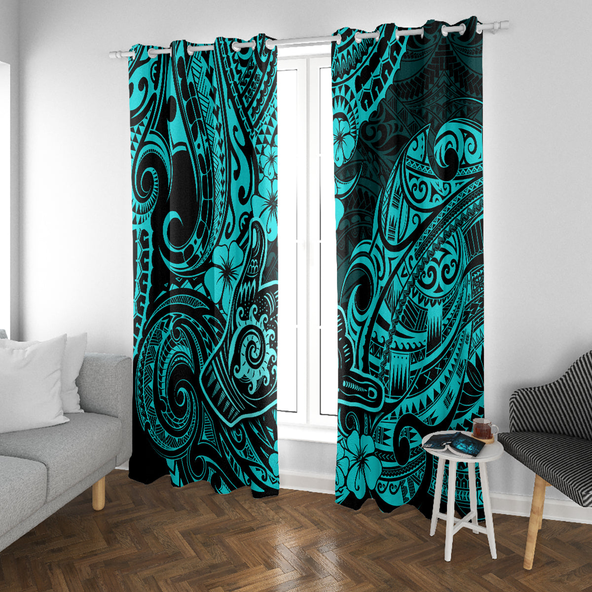 Hawaii Shaka Sign Window Curtain Polynesian Pattern Turquoise Version - Wonder Print Shop