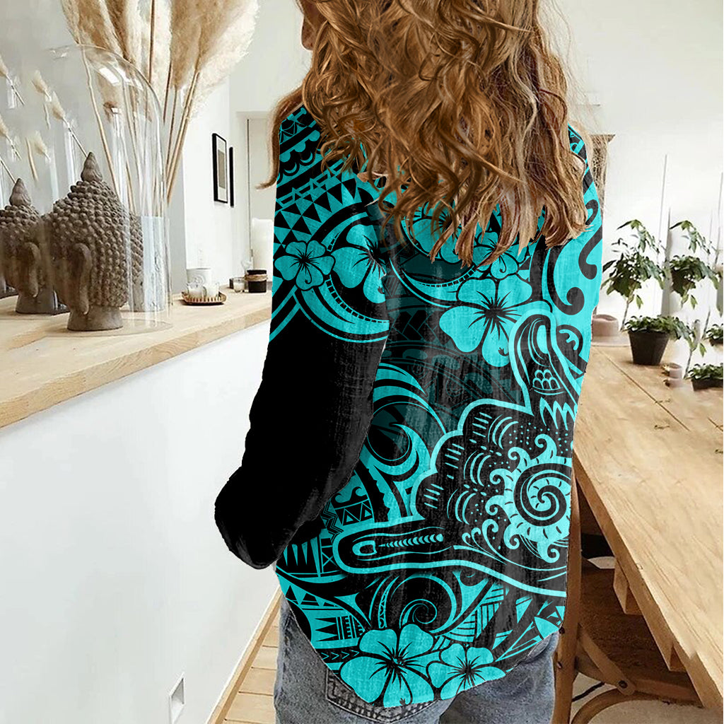 Hawaii Shaka Sign Women Casual Shirt Polynesian Pattern Turquoise Version - Wonder Print Shop