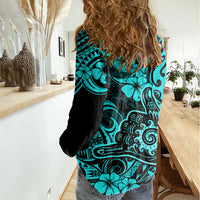 Hawaii Shaka Sign Women Casual Shirt Polynesian Pattern Turquoise Version - Wonder Print Shop