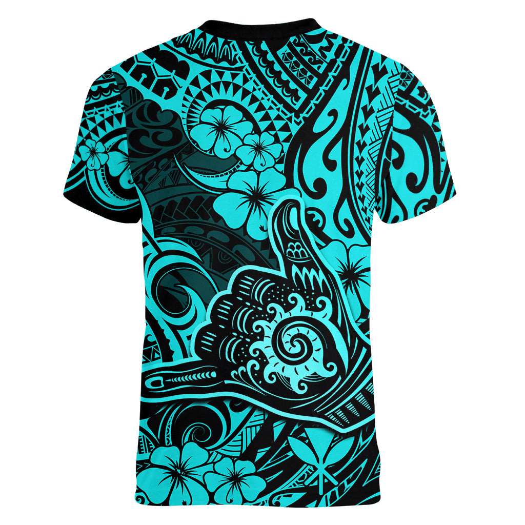 Hawaii Shaka Sign Women V Neck T Shirt Polynesian Pattern Turquoise Version - Wonder Print Shop
