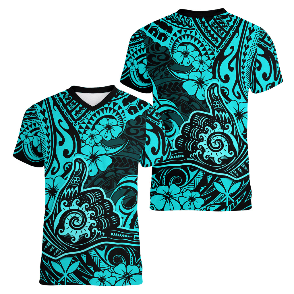 Hawaii Shaka Sign Women V Neck T Shirt Polynesian Pattern Turquoise Version - Wonder Print Shop